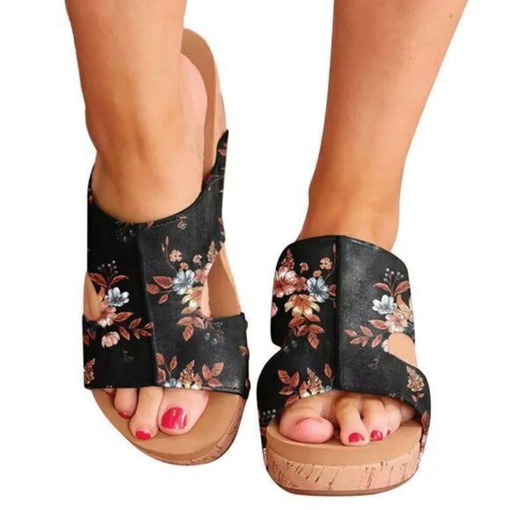 ROSY Black and‎ Brown Floral Platform Sandal Women's Size 38